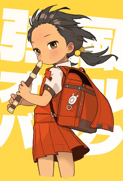 Anime picture 1691x2478 with vocaloid kyoufuu all back (vocaloid) kaai yuki opossumachine single long hair tall image blush black hair standing twintails brown eyes wind low twintails yellow background playing instrument girl hair ornament musical instrument backpack