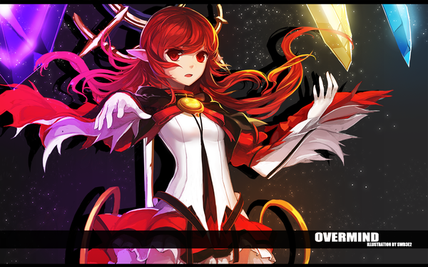 Anime picture 1247x779 with dungeon and fighter swd3e2 single long hair looking at viewer open mouth red eyes wide image red hair pointy ears dark background girl dress gloves white gloves crystal