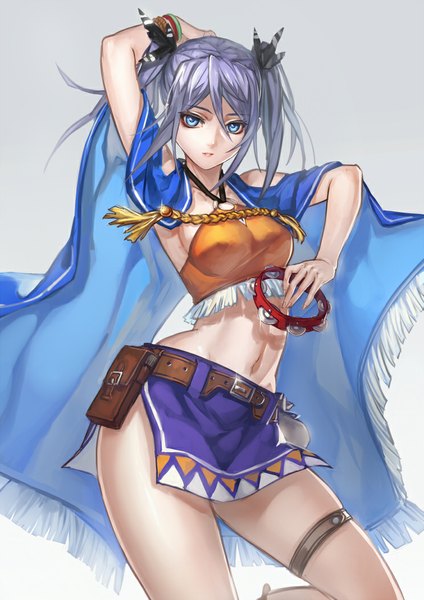 Anime picture 744x1052 with suisei no gargantia original production i.g ryuuzaki ichi single long hair tall image looking at viewer blush fringe blue eyes light erotic simple background bare shoulders silver hair lips bare belly midriff side slit hand on head