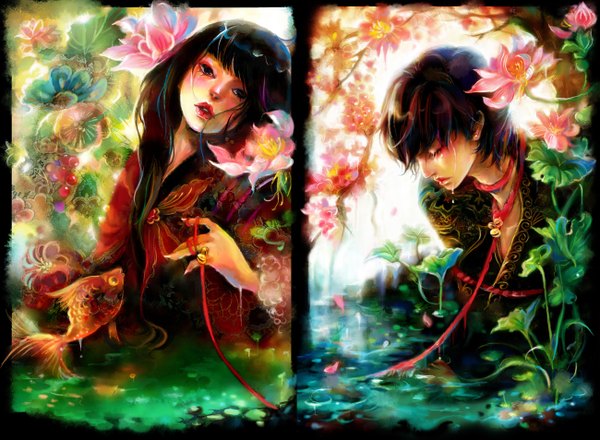 Anime picture 1299x953 with original huahua363 long hair blush short hair black hair brown hair purple eyes eyes closed traditional clothes fingernails couple tears piercing long fingernails tied up girl boy flower (flowers) plant (plants)