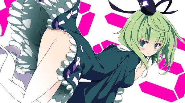 Anime picture 1920x1080 with touhou soga no tojiko sakurame single blush highres short hair light erotic wide image white background green eyes looking away ass green hair girl dress cap