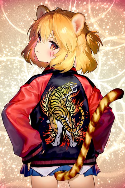 Anime picture 1000x1495 with original ainy single tall image looking at viewer blush fringe short hair blonde hair hair between eyes brown eyes animal ears tail nail polish animal tail looking back from behind one side up :3 animal print
