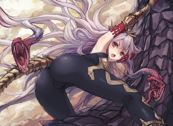 Anime picture 1152x839 with shingeki no bahamut granblue fantasy medusa (shingeki no bahamut) bee (deadflow) single looking at viewer fringe open mouth light erotic red eyes purple hair cloud (clouds) bent knee (knees) ass tail very long hair looking back arm up from behind shadow