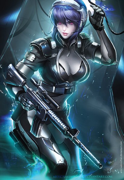 Anime picture 824x1200 with ghost in the shell production i.g kusanagi motoko sakimichan single tall image looking at viewer short hair breasts light erotic large breasts signed purple hair pink eyes lips realistic pale skin girl weapon belt