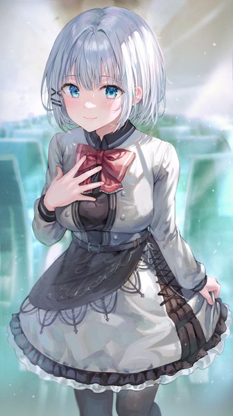 Anime picture 2904x5190 with tantei wa mou shindeiru siesta (tantei wa mou shindeiru) tokkyu single tall image looking at viewer blush fringe highres short hair breasts blue eyes smile large breasts standing silver hair indoors long sleeves blurry hand on chest