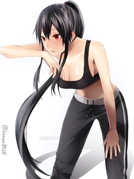Anime picture 1200x1600 with kantai collection yahagi light cruiser sakiryo kanna single tall image blush fringe breasts light erotic black hair simple background hair between eyes large breasts white background bare shoulders signed looking away ponytail very long hair shadow
