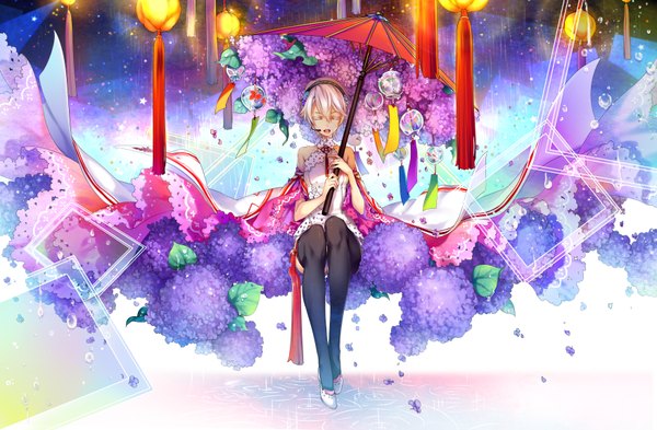 Anime picture 3507x2300 with vocaloid vocaloid china yanhe kingchenxi single highres short hair open mouth absurdres white hair eyes closed girl thighhighs dress flower (flowers) black thighhighs petals headphones umbrella oriental umbrella