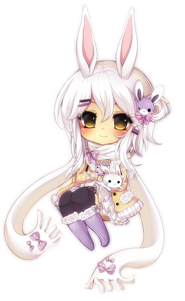 Anime picture 988x1606 with midna01 single long hair tall image blush fringe smile animal ears yellow eyes full body white hair bunny ears transparent background chibi girl hair ornament hairclip scarf clothes