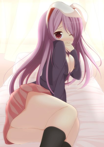 Anime picture 1505x2125 with touhou reisen udongein inaba chimunge long hair tall image looking at viewer blush breasts light erotic red eyes purple hair one eye closed wink bunny ears bunny girl girl socks black socks