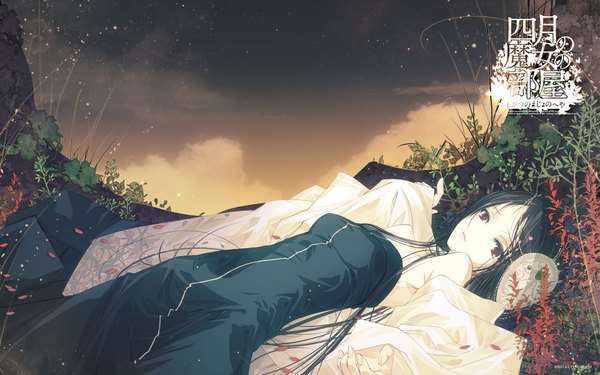 Anime picture 1920x1200 with original aikura chihiro single long hair highres black hair red eyes wide image bare shoulders lying girl plant (plants) detached sleeves petals