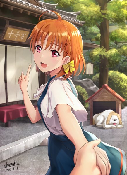 Anime picture 988x1364 with love live! sunshine!! sunrise (studio) love live! takami chika shiitake (love live! sunshine!!) shamakho tall image looking at viewer blush fringe short hair open mouth hair between eyes red eyes signed ahoge outdoors braid (braids) :d orange hair