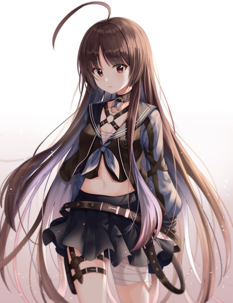 Anime picture 1539x2000 with forever 7th capital juuku ekina (1217) single tall image looking at viewer blush fringe simple background brown hair standing white background brown eyes payot cleavage ahoge very long hair pleated skirt multicolored hair two-tone hair