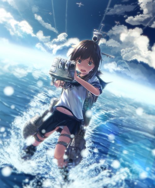 Anime picture 1265x1540 with kantai collection fubuki destroyer yamashiro kogane single long hair tall image looking at viewer blush light erotic brown hair sky cloud (clouds) pleated skirt grey eyes pantyshot girl skirt underwear panties weapon