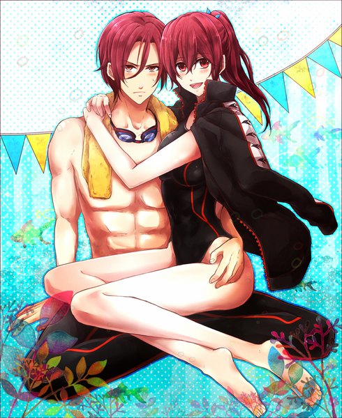 Anime picture 800x979 with free! kyoto animation matsuoka rin matsuoka gou imouma long hair tall image looking at viewer blush fringe short hair breasts open mouth light erotic smile hair between eyes red eyes sitting bare shoulders payot