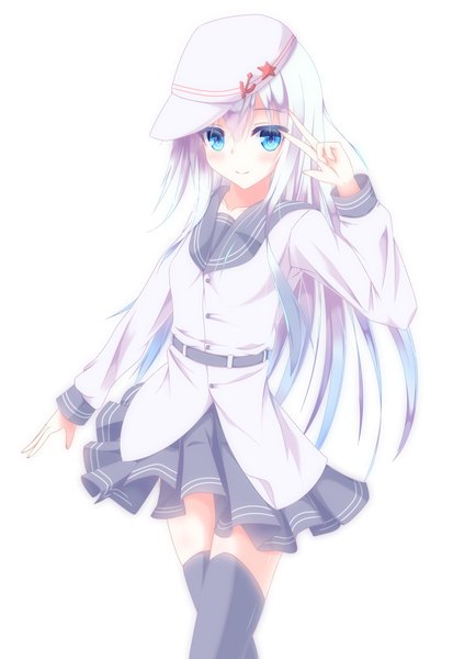 Anime picture 1536x2232 with kantai collection hibiki destroyer verniy destroyer nagishiro mito single long hair tall image looking at viewer blush blue eyes smile white background white hair zettai ryouiki victory girl thighhighs skirt black thighhighs sailor suit