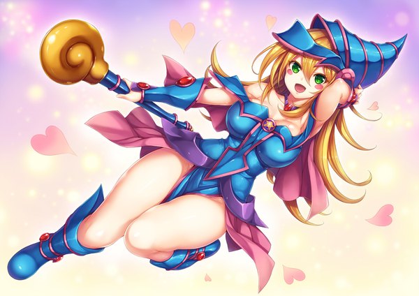 Anime picture 1500x1062 with yu-gi-oh! dark magician girl snowcanvas single long hair looking at viewer blush fringe breasts open mouth light erotic blonde hair hair between eyes large breasts bare shoulders holding green eyes cleavage full body bent knee (knees)