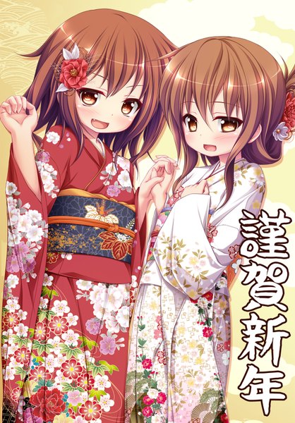 Anime picture 1200x1723 with kantai collection inazuma destroyer ikazuchi destroyer mizunoe kotaru long hair tall image blush open mouth smile brown hair multiple girls brown eyes traditional clothes japanese clothes hair flower sunlight inscription holding hands hieroglyph new year