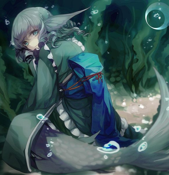 Anime picture 1000x1030 with touhou wakasagihime no-kan single long hair tall image fringe sitting looking away traditional clothes japanese clothes aqua eyes grey hair tears drill hair underwater monster girl girl kimono obi