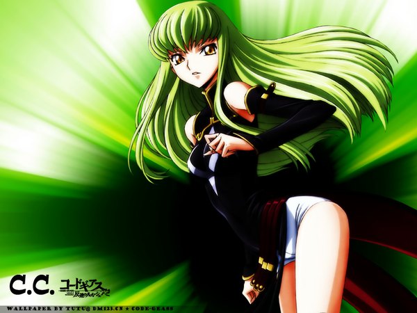 Anime picture 1024x768 with code geass sunrise (studio) c.c. kimura takahiro single long hair looking at viewer fringe signed yellow eyes long sleeves green hair wallpaper girl uniform detached sleeves