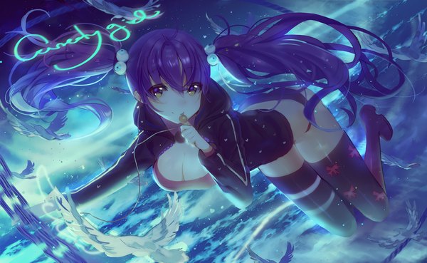 Anime picture 1726x1064 with original lloule single long hair looking at viewer fringe highres breasts light erotic hair between eyes wide image large breasts twintails holding yellow eyes payot sky cleavage purple hair full body