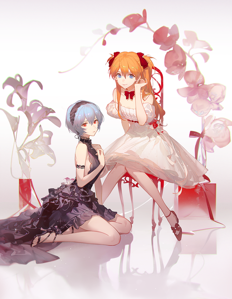 Anime picture 1086x1400 with neon genesis evangelion gainax soryu asuka langley ayanami rei ask (askzy) long hair tall image looking at viewer fringe short hair blue eyes simple background smile hair between eyes red eyes sitting bare shoulders multiple girls blue hair full body