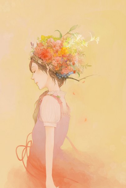 Anime picture 1181x1748 with original coba single long hair tall image brown hair braid (braids) eyes closed profile girl flower (flowers) petals headdress leaf (leaves) sundress branch blouse