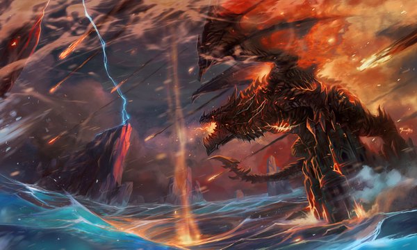 Anime picture 2200x1323 with world of warcraft blizzard entertainment jian guo (breathing) highres wide image rock lightning destruction ambiguous gender magician wings water fire dragon castle