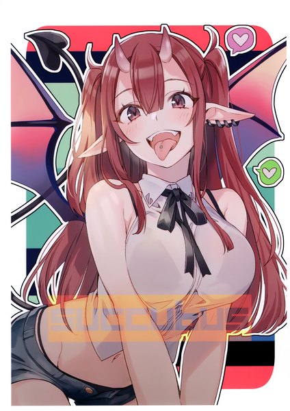 Anime picture 2419x3421 with original tomari (veryberry00) single long hair tall image looking at viewer blush fringe highres breasts open mouth light erotic simple background hair between eyes red eyes large breasts bare shoulders payot red hair tail