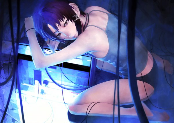 Anime picture 1754x1240 with serial experiments lain iwakura lain iwai ryo single highres short hair light erotic black hair brown eyes back girl underwear panties wire (wires)