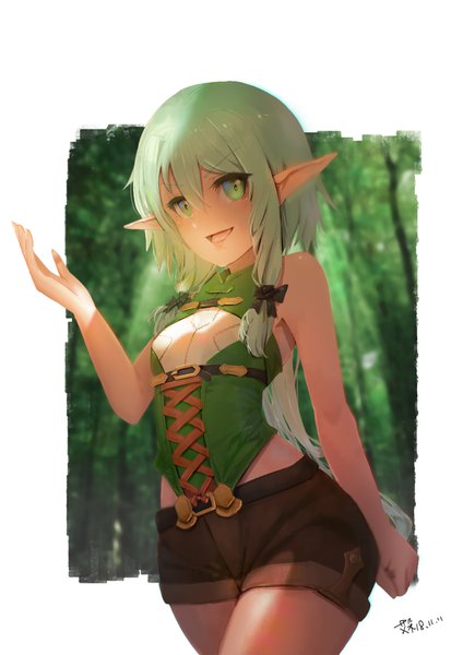 Anime picture 1240x1754 with goblin slayer! high elf archer (goblin slayer!) aduo single long hair tall image looking at viewer fringe breasts open mouth smile hair between eyes bare shoulders green eyes signed payot outdoors :d green hair pointy ears