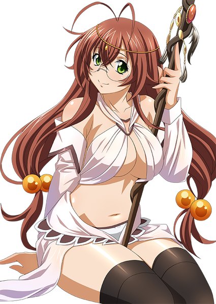Anime picture 600x847 with ikkitousen ryuubi gentoku single long hair tall image breasts light erotic brown hair white background green eyes girl thighhighs navel weapon black thighhighs glasses