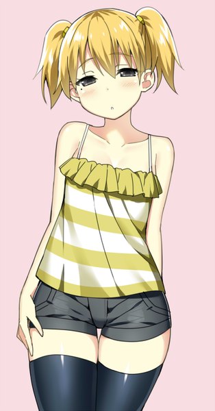 Anime picture 800x1526 with shirobako p.a. works yano erika sky-freedom single tall image blush short hair simple background blonde hair twintails grey eyes zettai ryouiki short twintails striped pink background alternate hairstyle girl thighhighs black thighhighs