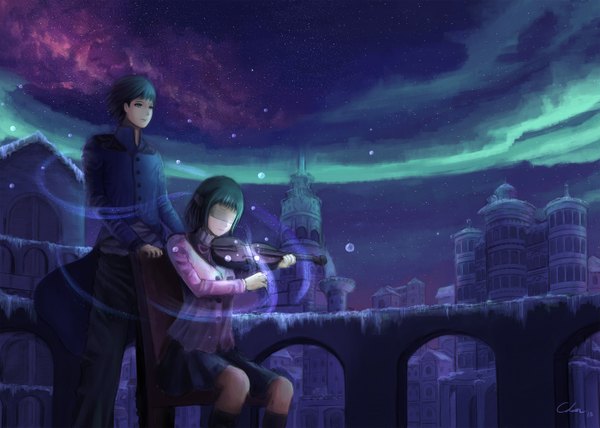 Anime picture 2800x2000 with original charlottexxi (artist) highres short hair blue eyes black hair sitting looking away wind lipstick bandage over eyes girl boy skirt socks black socks building (buildings) chair bubble (bubbles) violin