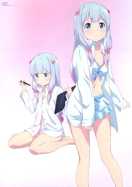 Anime picture 6070x8601 with eromanga sensei a-1 pictures izumi sagiri furuhashi satoshi long hair tall image blush highres blue eyes light erotic sitting blue hair looking away absurdres barefoot official art bare legs open shirt gradient background wariza