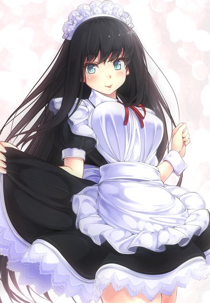 Anime picture 890x1280 with power pro kun pocket asai ren komimiyako single long hair tall image looking at viewer blush blue eyes black hair maid :p girl headdress tongue maid headdress