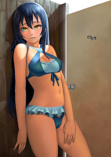 Anime picture 1116x1579 with love live! school idol project sunrise (studio) love live! sonoda umi lasterk single long hair tall image looking at viewer blush light erotic bare shoulders yellow eyes blue hair bare belly cameltoe against wall girl navel swimsuit