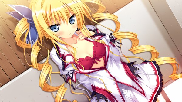 Anime picture 1280x720 with koiken otome eve elaine austin tateha (marvelous grace) single long hair looking at viewer blush breasts blue eyes light erotic blonde hair wide image twintails game cg open clothes dutch angle open shirt drill hair girl shirt