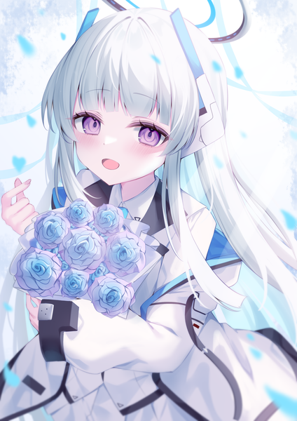 Anime picture 2894x4093 with blue archive noa (blue archive) gou 213 single long hair tall image blush fringe highres open mouth purple eyes silver hair :d finger heart girl flower (flowers) rose (roses) halo bouquet blue rose