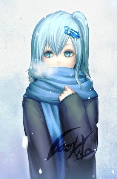 Anime picture 653x1000 with original luen kulo single tall image short hair blue eyes signed blue hair looking away snowing winter exhalation girl hair ornament jacket hairclip scarf winter clothes