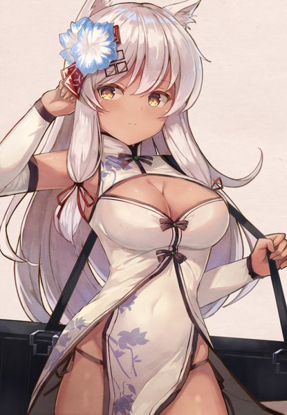 Anime picture 1086x1571 with girls frontline m590 (girls frontline) motokonut single long hair tall image blush fringe breasts light erotic simple background hair between eyes large breasts standing holding animal ears yellow eyes payot looking away cleavage