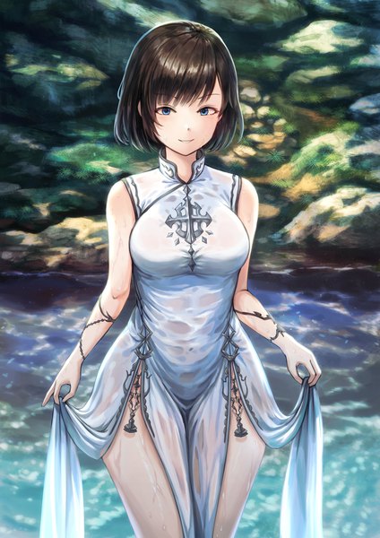 Anime-Bild 1378x1949 mit final fantasy final fantasy xiv square enix hyur bbb3y1 single tall image looking at viewer blush fringe short hair breasts blue eyes smile brown hair large breasts standing payot outdoors parted lips