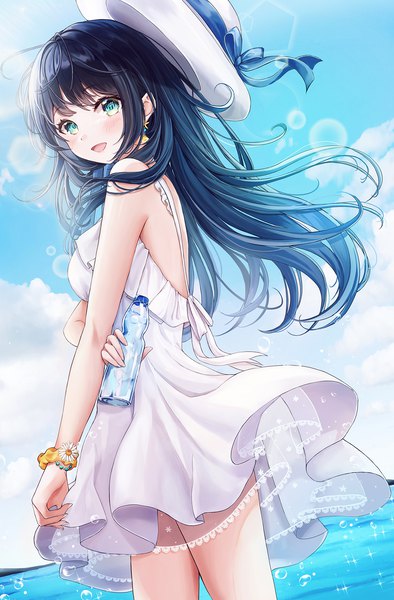 Anime picture 1200x1829 with original kottungyang single long hair tall image looking at viewer blush fringe breasts open mouth black hair smile standing holding sky cloud (clouds) outdoors blunt bangs :d aqua eyes