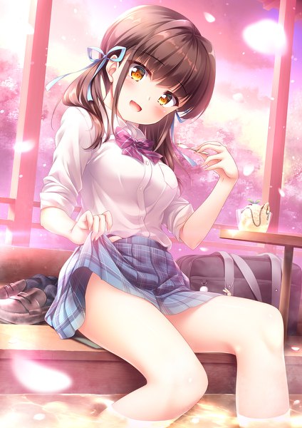 Anime picture 848x1200 with original yuurei yashiki single long hair tall image looking at viewer blush fringe breasts open mouth light erotic smile brown hair sitting twintails holding sky cloud (clouds) bent knee (knees) indoors