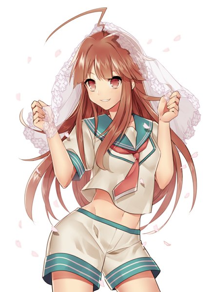 Anime picture 800x1123 with kantai collection kuma light cruiser yayata (884) single long hair tall image fringe simple background smile red eyes brown hair white background looking away ahoge bare belly girl navel petals shorts sailor suit