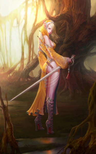 Anime picture 751x1200 with original gpzang (artist) single long hair tall image looking at viewer blue eyes light erotic blonde hair bare shoulders pointy ears elf girl weapon detached sleeves sword hood