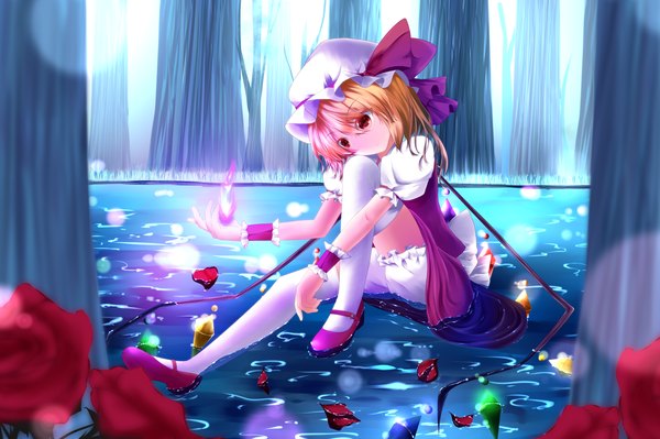Anime picture 2000x1333 with touhou flandre scarlet aru (artist) highres short hair blonde hair red eyes girl thighhighs dress flower (flowers) plant (plants) petals white thighhighs tree (trees) bonnet crystal