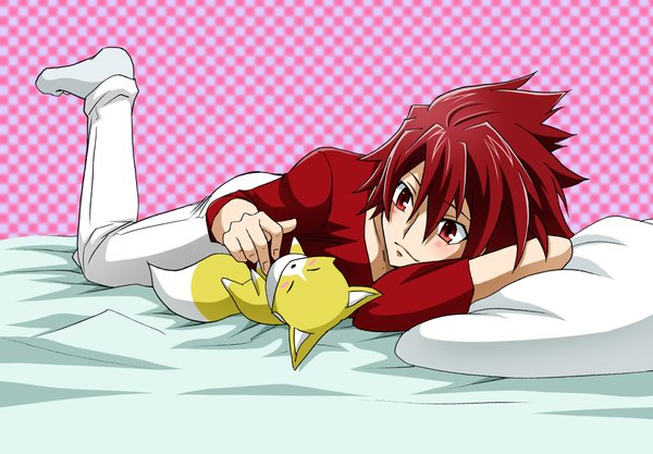 Anime picture 2139x1488 with star driver tsunashi takuto single blush highres short hair red eyes red hair lying checkered boy animal pillow