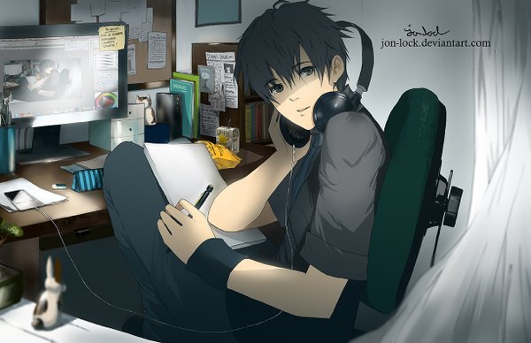 Anime picture 1224x792 with original ipod jon-lock (artist) looking at viewer fringe short hair sitting holding signed inscription grey eyes dark hair recursion boy headphones chair table paper wristlet room