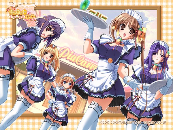 Anime picture 1600x1200 with pia carrot pia carrot e youkoso!! g.o. midou chihiro horiuchi sana kunugi ayano kinoshita rumi blue eyes blonde hair brown hair multiple girls brown eyes purple hair maid girl food 5 girls kugahara mimori kanau yaegashi