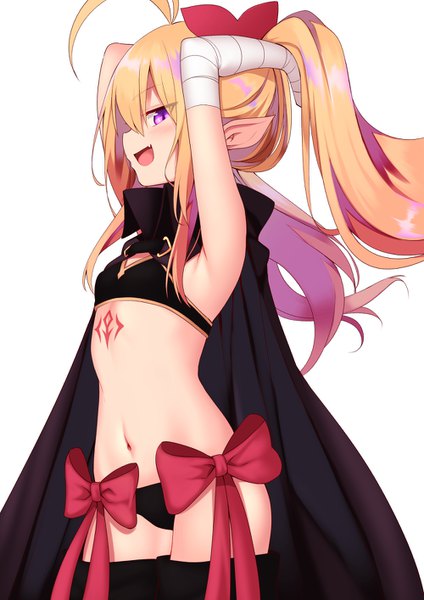 Anime picture 1000x1414 with original mahcdai single long hair tall image looking at viewer blush fringe open mouth light erotic simple background blonde hair smile hair between eyes standing white background purple eyes twintails payot ahoge